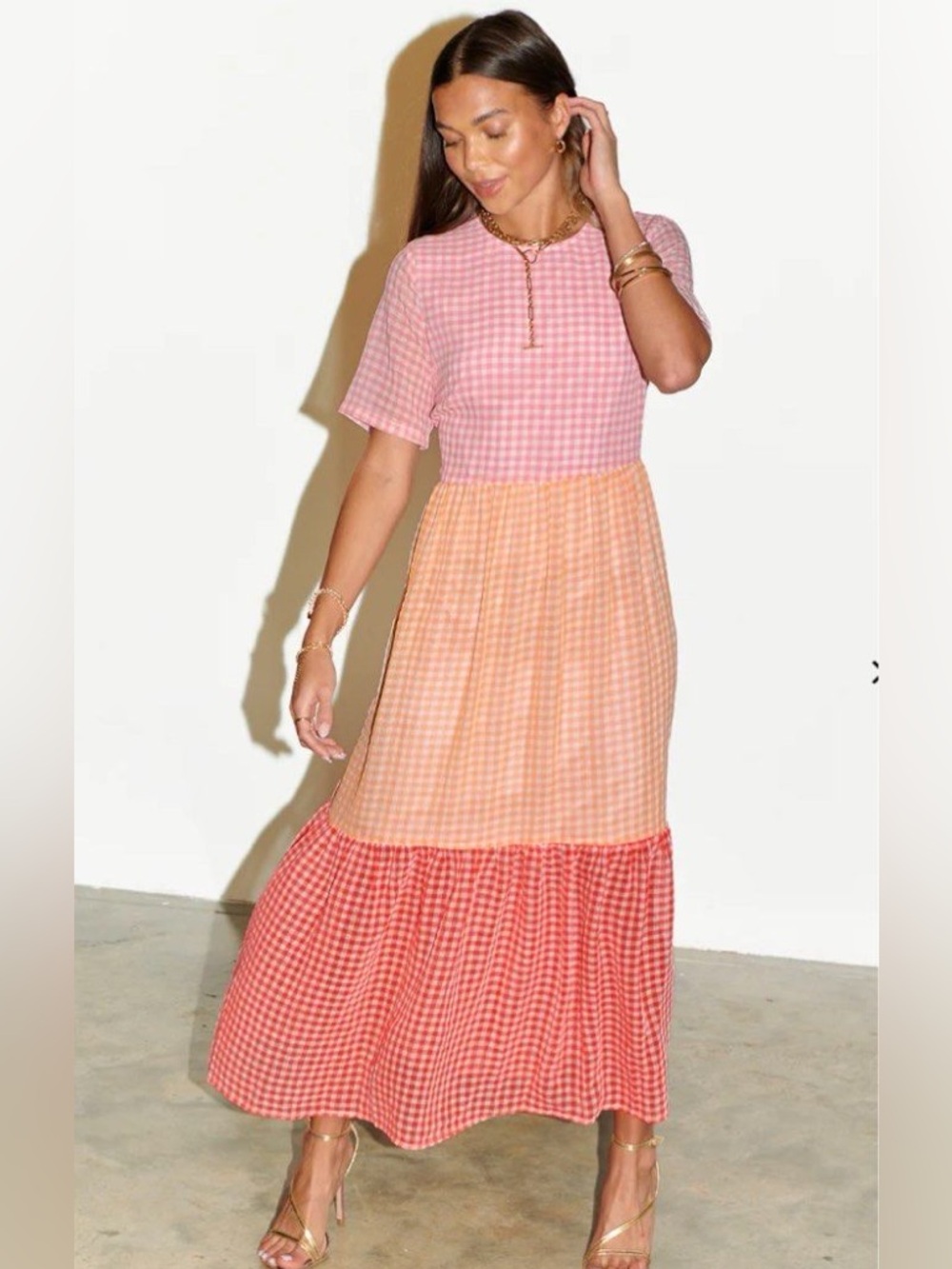 Cottagecore Pink Gingham Maxi Dress Tiered Never Fully Dressed Size 2 US